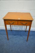 A LATE 19TH CENTURY SHERATON STYLE SATINWOOD AND MARQUETRY INLAID SIDE TABLE, with two frieze