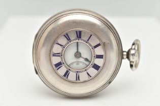 A LATE VICTORIAN, SILVER HALF HUNTER POCKET WATCH, key wound, white Roman numeral dial, subsidiary