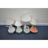 A VARIETY OF TABLE LAMPS, to include a large alabaster table lamp, six other marble/alabaster