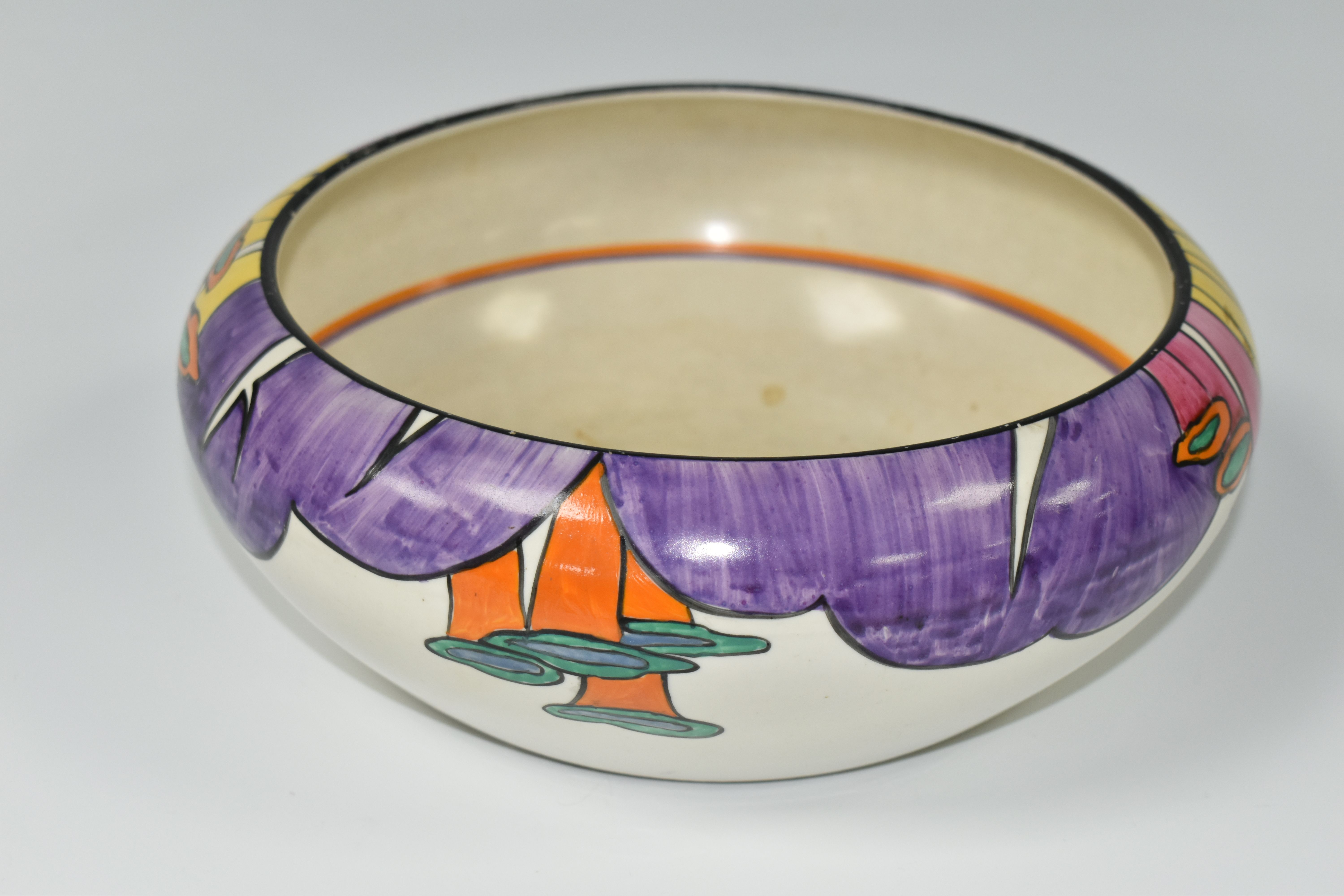 A CLARICE CLIFF 'LATONA' BOWL, with stylised angel's trumpet decoration, orange and purple band to - Image 3 of 5