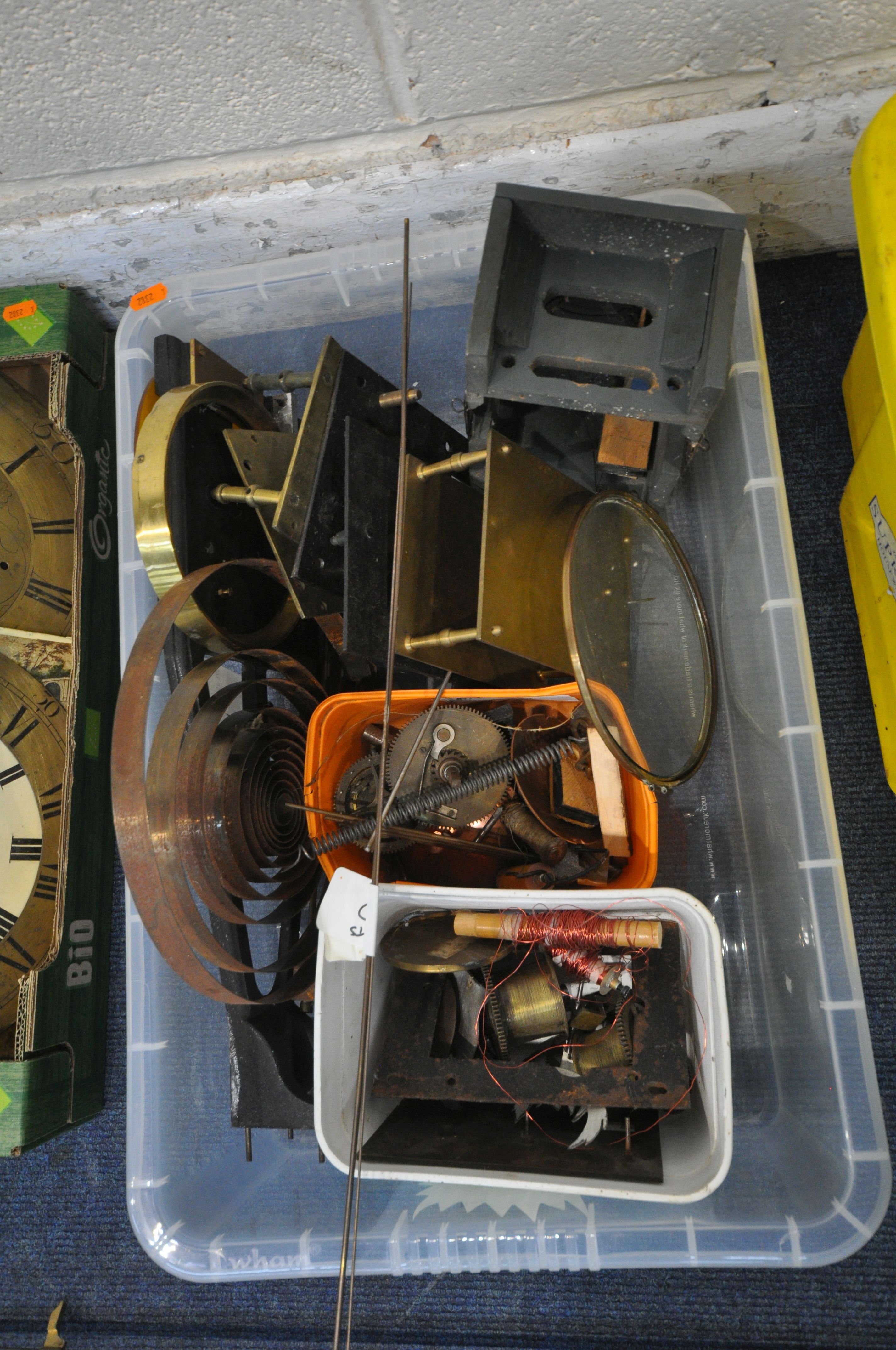 SIX TRAYS CONTAINING WATCHMAKERS TOOLS AND CLOCK PARTS, to include movements, weights, faces, - Image 12 of 19