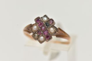 A 15CT GOLD VICTORIAN GEM SET RING, designed as a cross set with predominantly oval cut rubies, four
