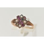 A 15CT GOLD VICTORIAN GEM SET RING, designed as a cross set with predominantly oval cut rubies, four