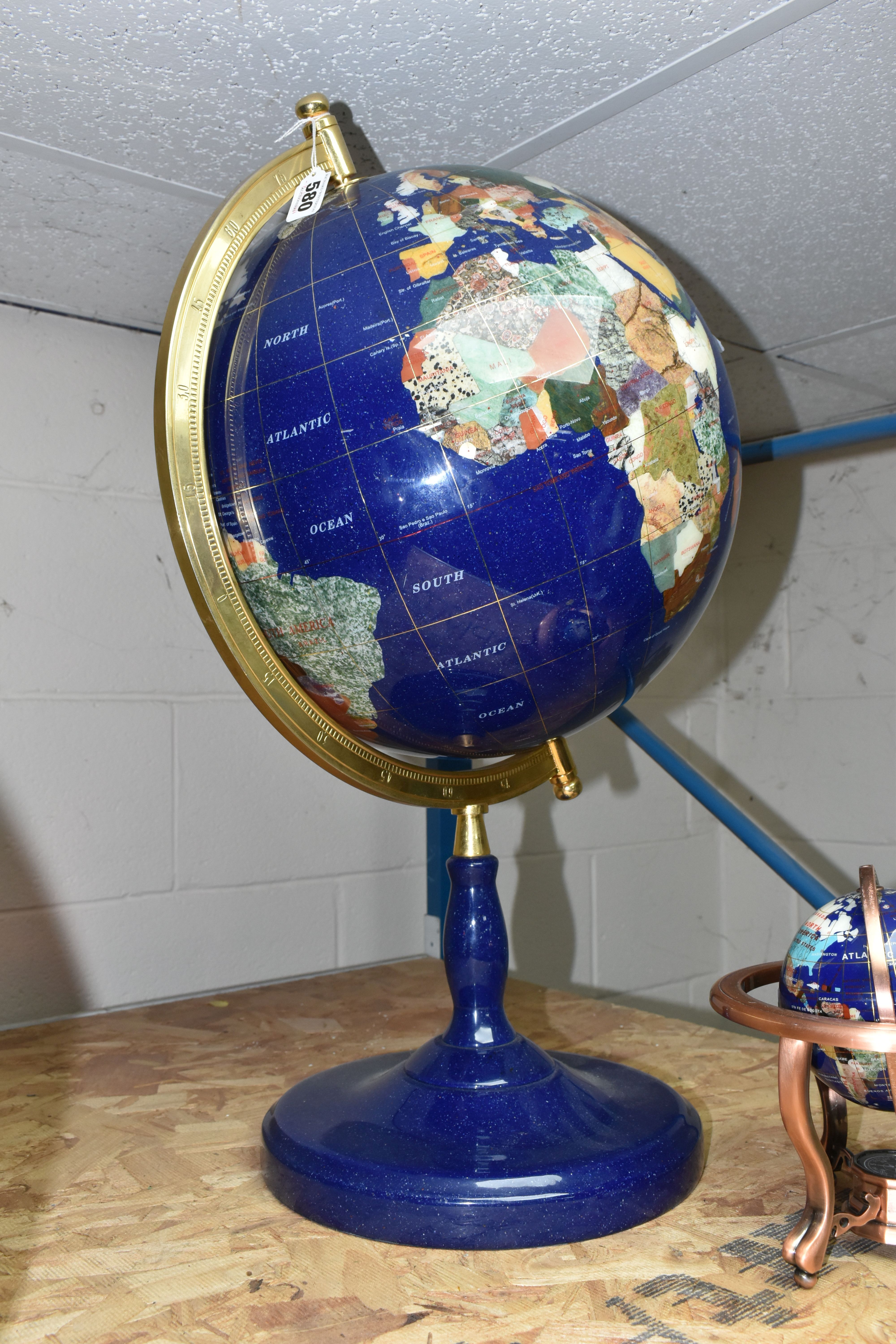 TWO MODERN HARDSTONE EFFECT TERRESTRIAL GLOBES, one on a blue plinth, approx. height 65cm, the other - Image 3 of 3