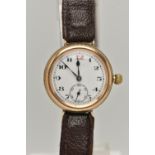 A GENTS 9CT GOLD, EARLY 20TH CENTURY TRENCH WATCH, manual wind, round white dial, Arabic numerals,