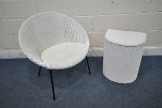 A WHITE PAINTED LLOYD LOOM SATELLITE CHAIR, along with a Lloyd Loom bow front linen basket (