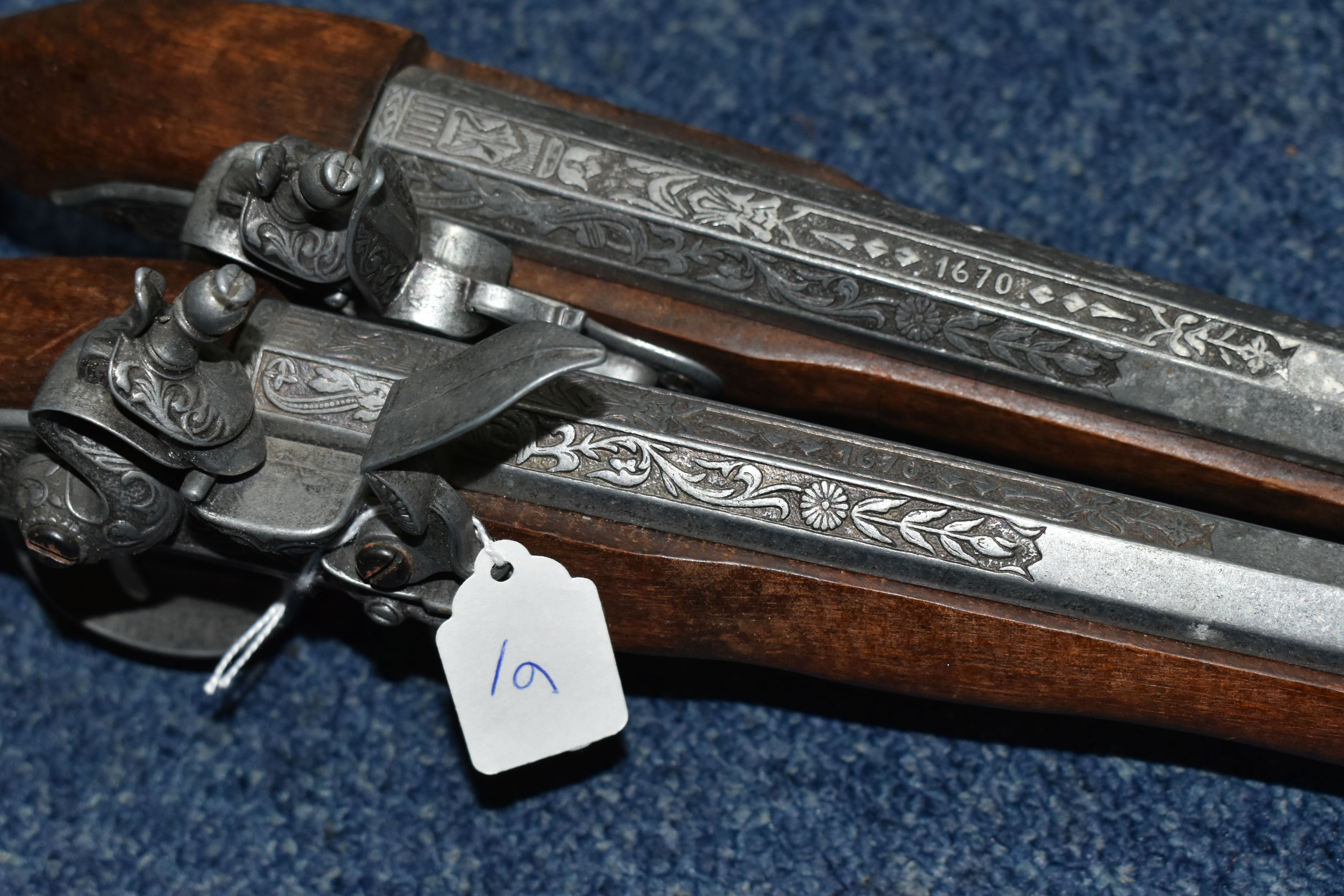 A PAIR OF REPLICA, ORNAMENTAL FLINTLOCK PISTOLS, length 43cm (2) (Condition Report: both appear in - Image 4 of 5