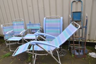 GARDEN FURNITURE AND TOOLS including a pair of folding loungers, a pair of matching directors chairs