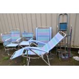 GARDEN FURNITURE AND TOOLS including a pair of folding loungers, a pair of matching directors chairs