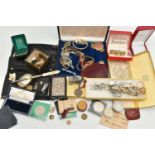A BOX OF ASSORTED COSTUME JEWELLERY AND ITEMS, to include a boxed imitation pearl necklace, paste