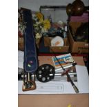 FOUR BOXES AND LOOSE MISCELLANEOUS SUNDRIES, to include brass ornaments, artificial flowers, a