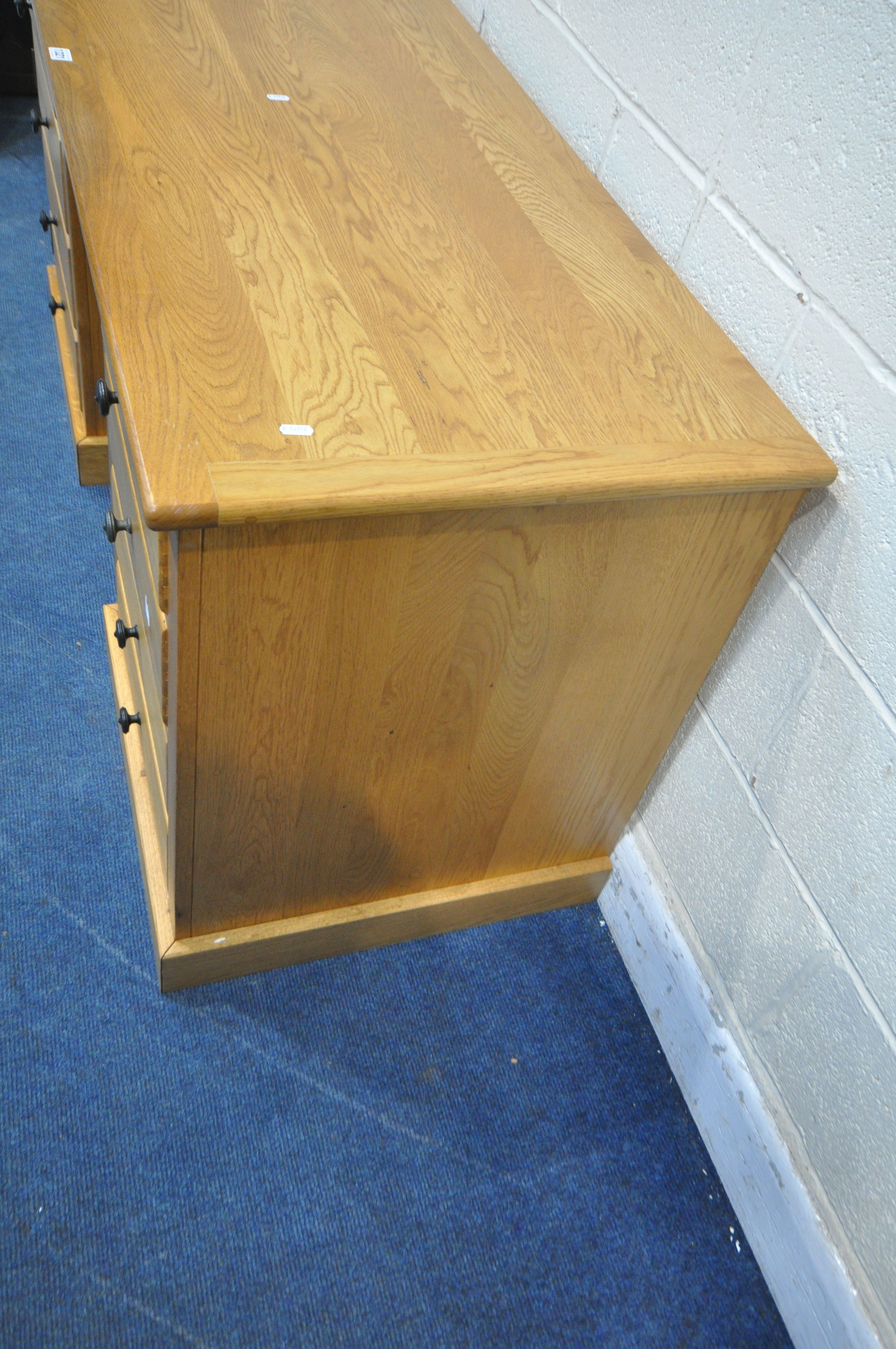 A HEAVY SOLID OAK DESK, fitted with five assorted drawers and a cupboard door, length 155cm x - Image 6 of 6