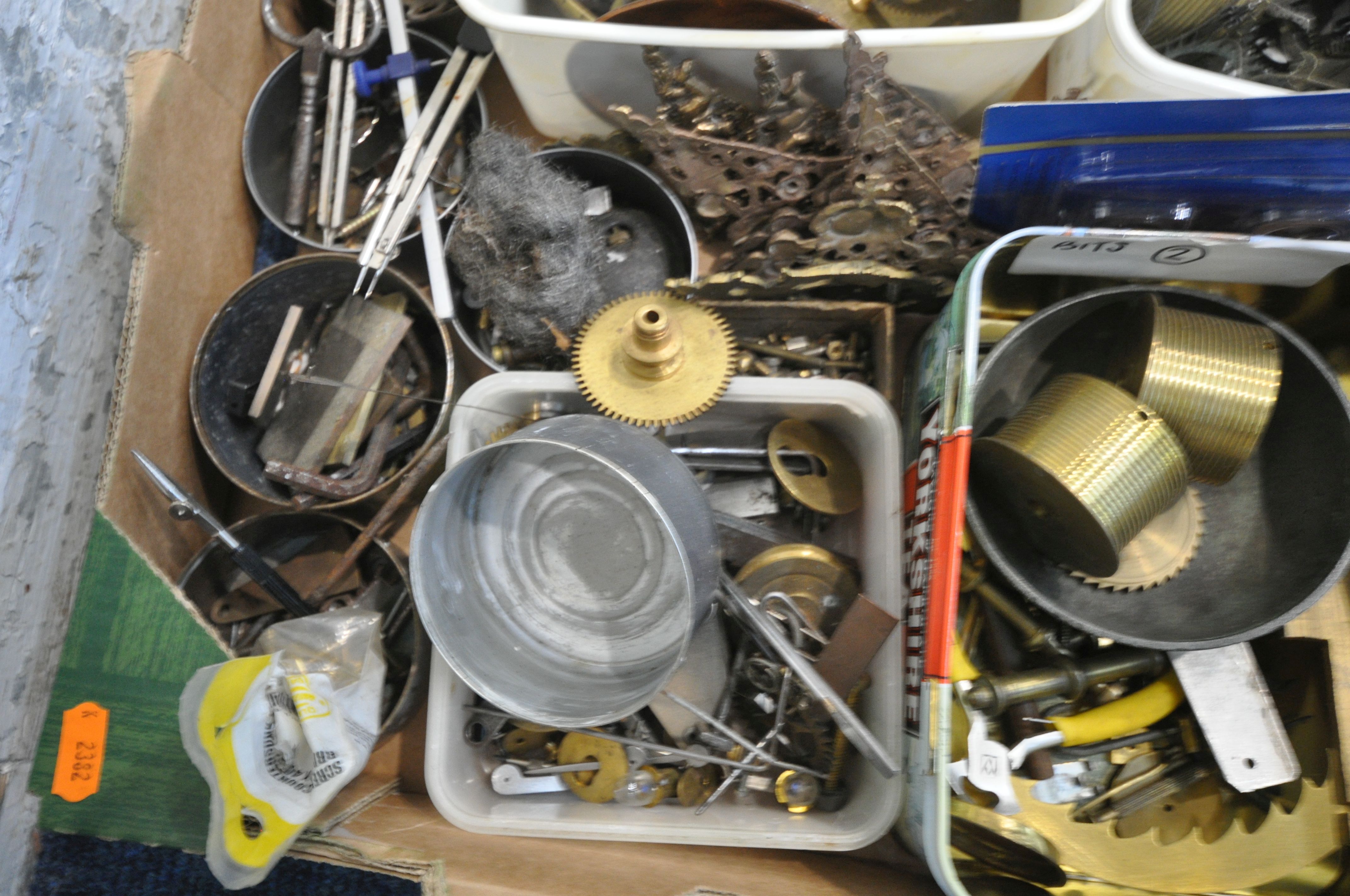 SIX TRAYS CONTAINING WATCHMAKERS TOOLS AND CLOCK PARTS, to include movements, weights, faces, - Image 3 of 19