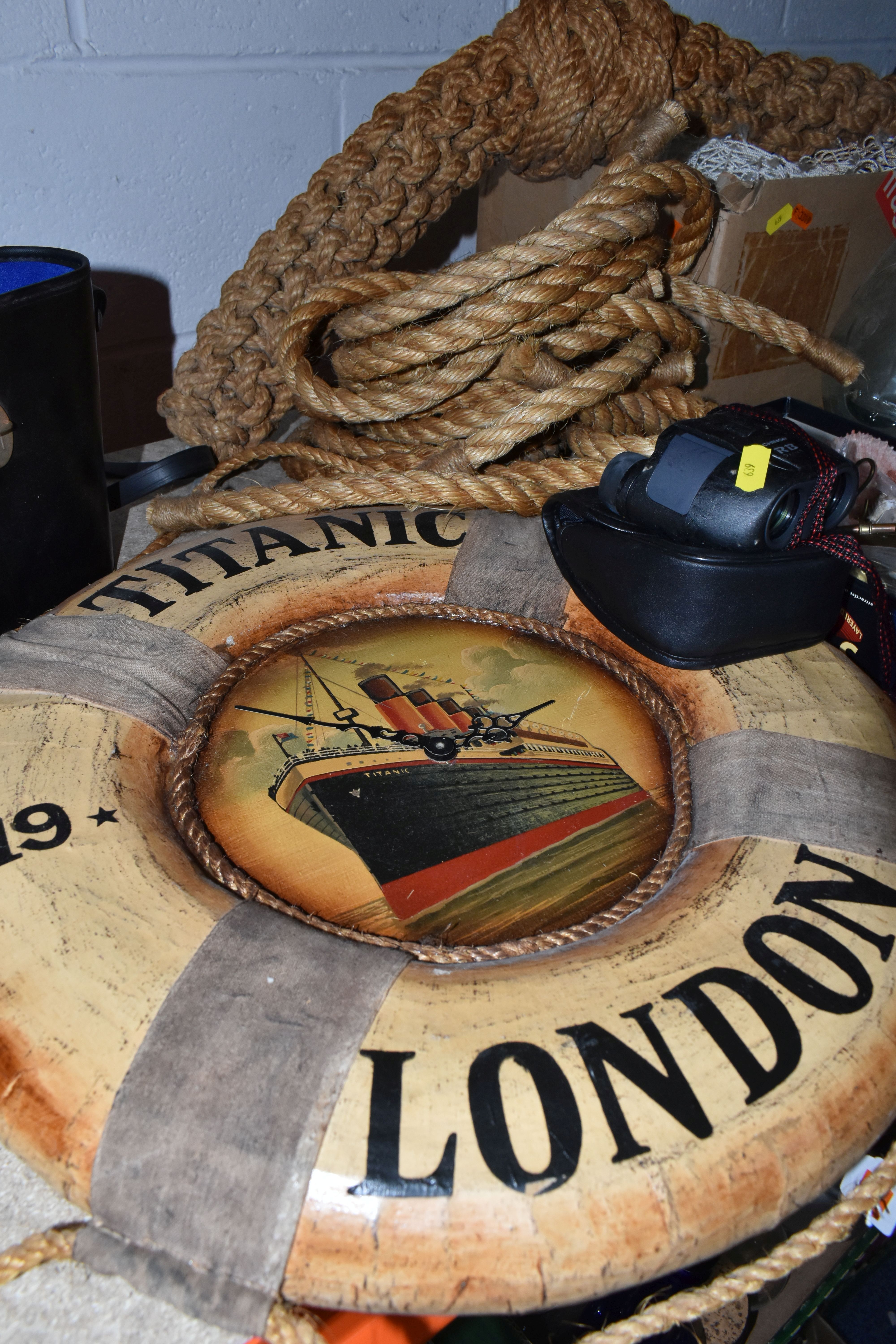 TWO BOXES AND LOOSE NAUTICAL ORNAMENTS AND BINOCULARS, to include a reproduction ships lamp, Titanic - Image 2 of 11