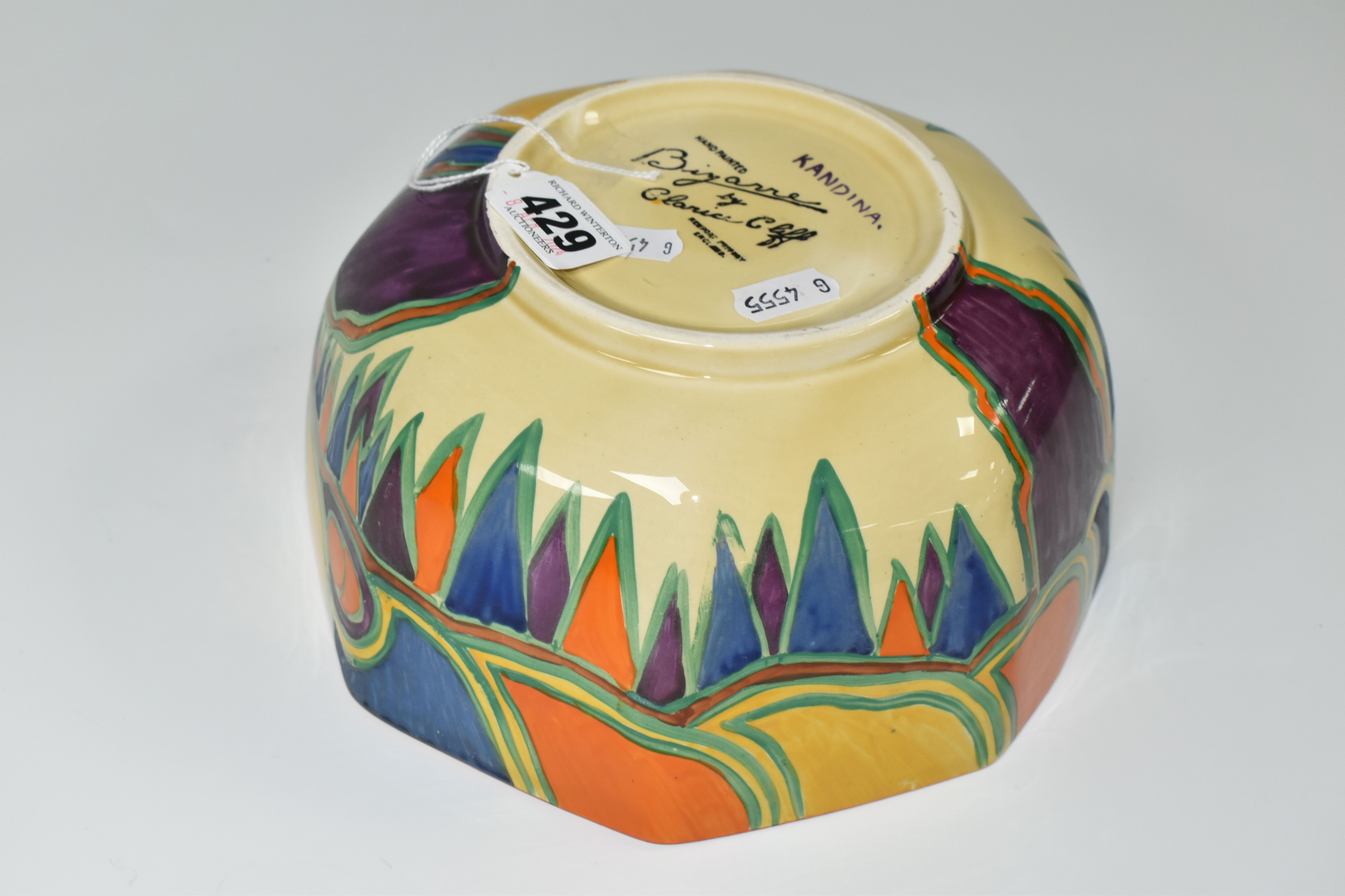 A CLARICE CLIFF BIZARRE KANDINA OCTAGONAL BOWL, the interior painted with bands of orange, green, - Image 7 of 7