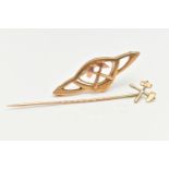 A STICKPIN AND A BROOCH, both with a crossed pickaxe and hammer motif, length 60mm, the brooch of