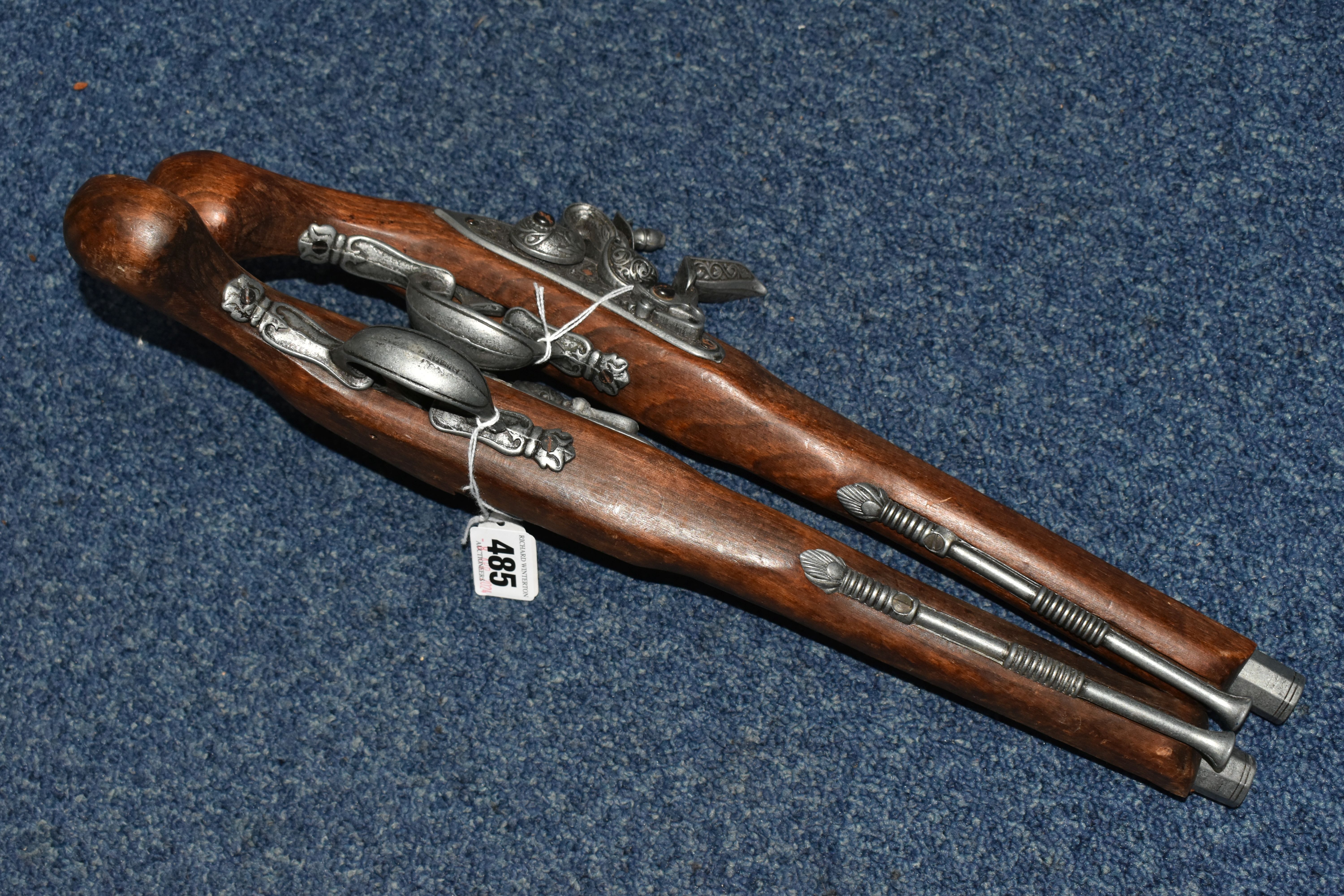 A PAIR OF REPLICA, ORNAMENTAL FLINTLOCK PISTOLS, length 43cm (2) (Condition Report: both appear in - Image 5 of 5