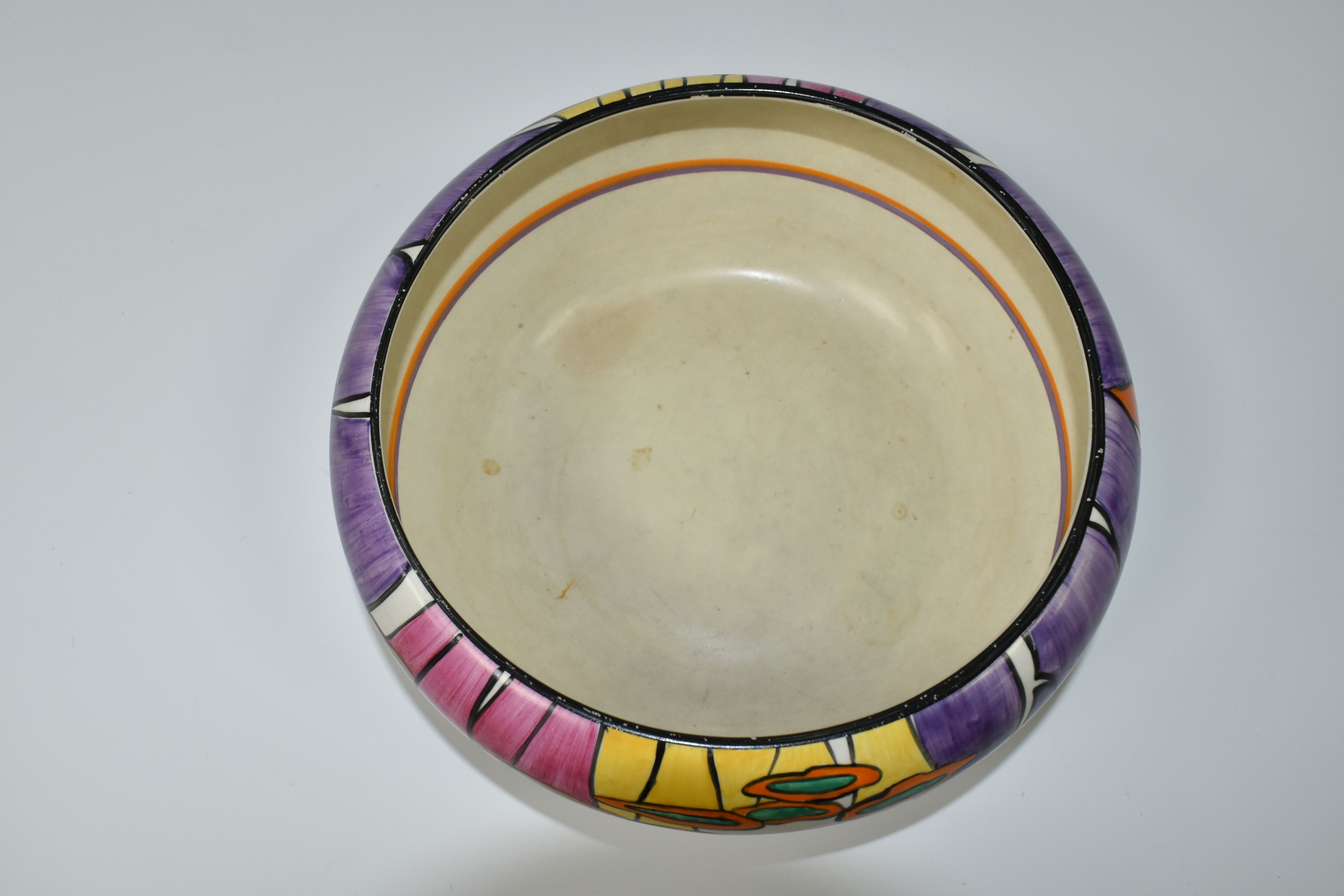 A CLARICE CLIFF 'LATONA' BOWL, with stylised angel's trumpet decoration, orange and purple band to - Image 4 of 5