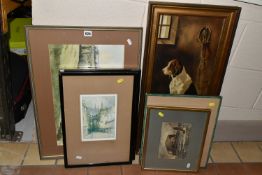 A SMALL SELECTION OF PAINTINGS AND PRINTS, to include an oil on canvas after John Emms depicting a