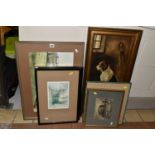 A SMALL SELECTION OF PAINTINGS AND PRINTS, to include an oil on canvas after John Emms depicting a