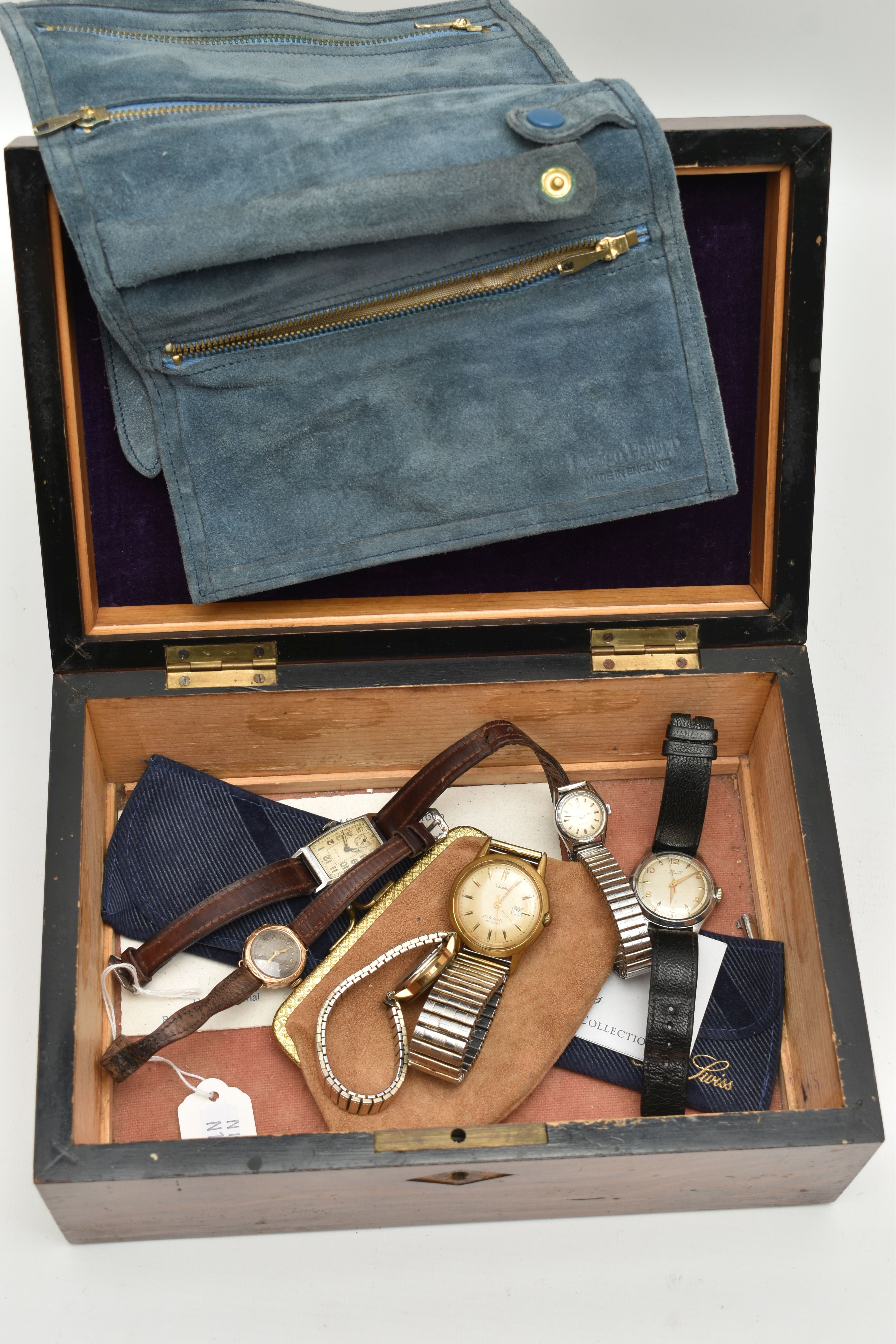 SIX WATCHES AND A JEWELLERY BOX, to include two Tissot watches, a ladies manual wind, circular watch