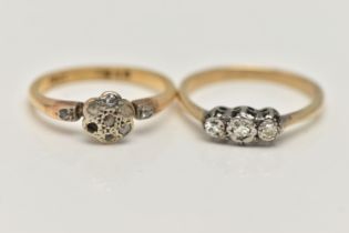 TWO DIAMOND RINGS, the first a three stone diamond ring, three single cut diamonds, prong set in