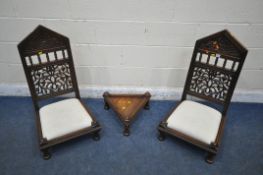 A PAIR OF 20TH CENTURY ORIENTAL HARDWOOD CHAIRS, of short proportions, the back with open