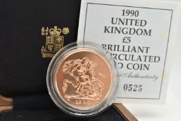 A ROYAL MINT 1990 UK BRILLIANT UNCIRCULATED GOLD FIVE POUNDS COIN, 22ct gold, 39.94 grams, 36.02mm