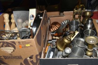 THREE BOXES AND LOOSE METAL WARES AND SUNDRY ITEMS ETC, to include a brass sculpture of a coal