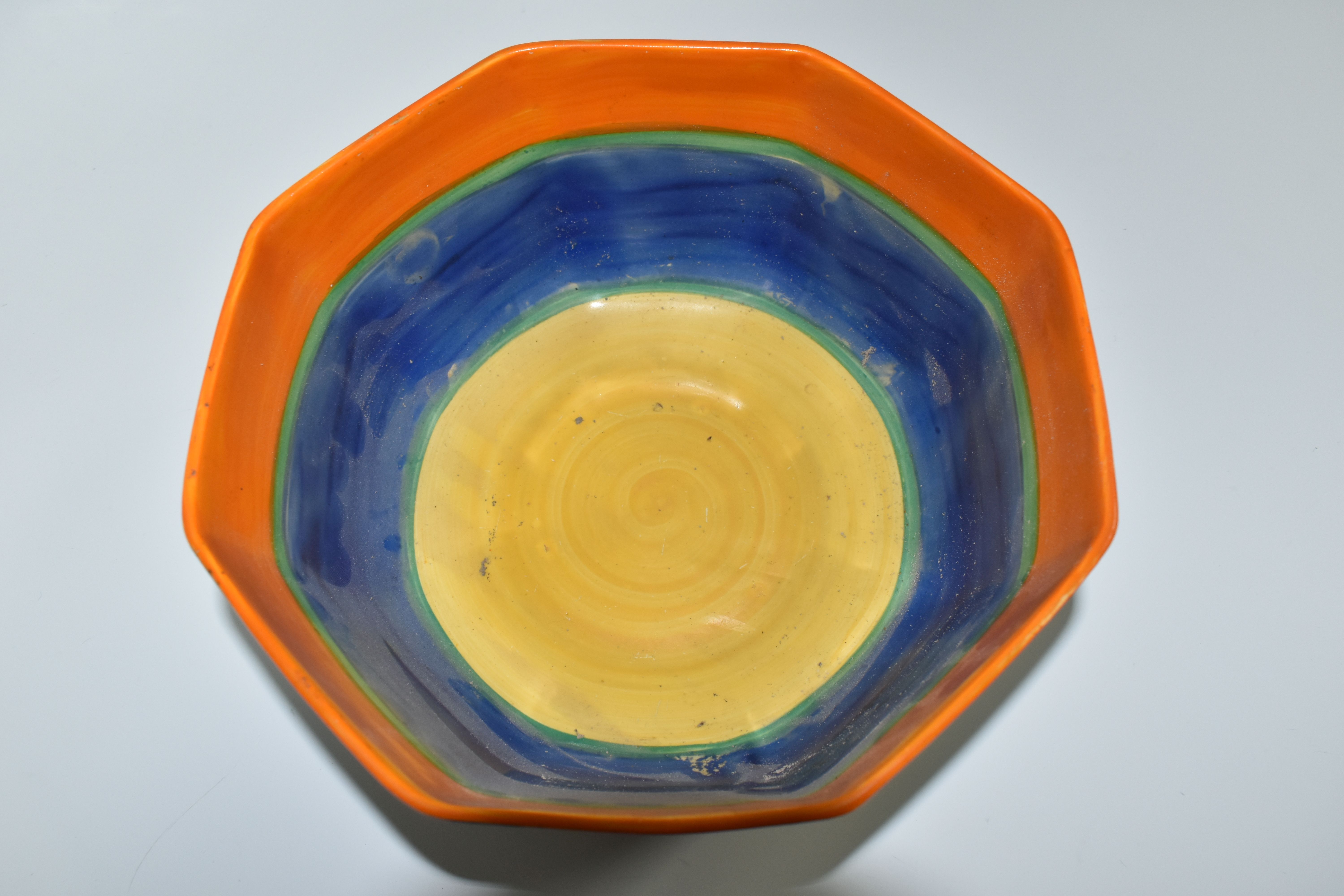 A CLARICE CLIFF BIZARRE KANDINA OCTAGONAL BOWL, the interior painted with bands of orange, green, - Image 4 of 7