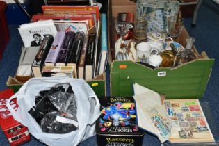 TWO BOXES OF CERAMICS, GLASS, BOOKS, STAMPS, ETC, including three Stratton powder compacts, ship