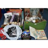 TWO BOXES OF CERAMICS, GLASS, BOOKS, STAMPS, ETC, including three Stratton powder compacts, ship