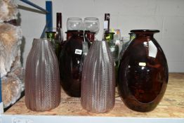 A GROUP OF MODERN DECORATIVE COLOURED AND CLEAR GLASSWARE, including bottles, jars, vases and