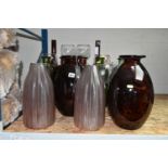 A GROUP OF MODERN DECORATIVE COLOURED AND CLEAR GLASSWARE, including bottles, jars, vases and