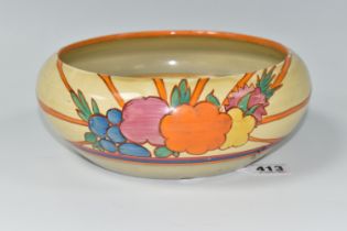A CLARICE CLIFF FANTASQUE BIZARRE FRUITBURST PATTERN BOWL, the heavily worn interior with painted