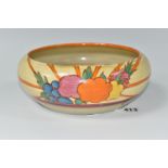 A CLARICE CLIFF FANTASQUE BIZARRE FRUITBURST PATTERN BOWL, the heavily worn interior with painted