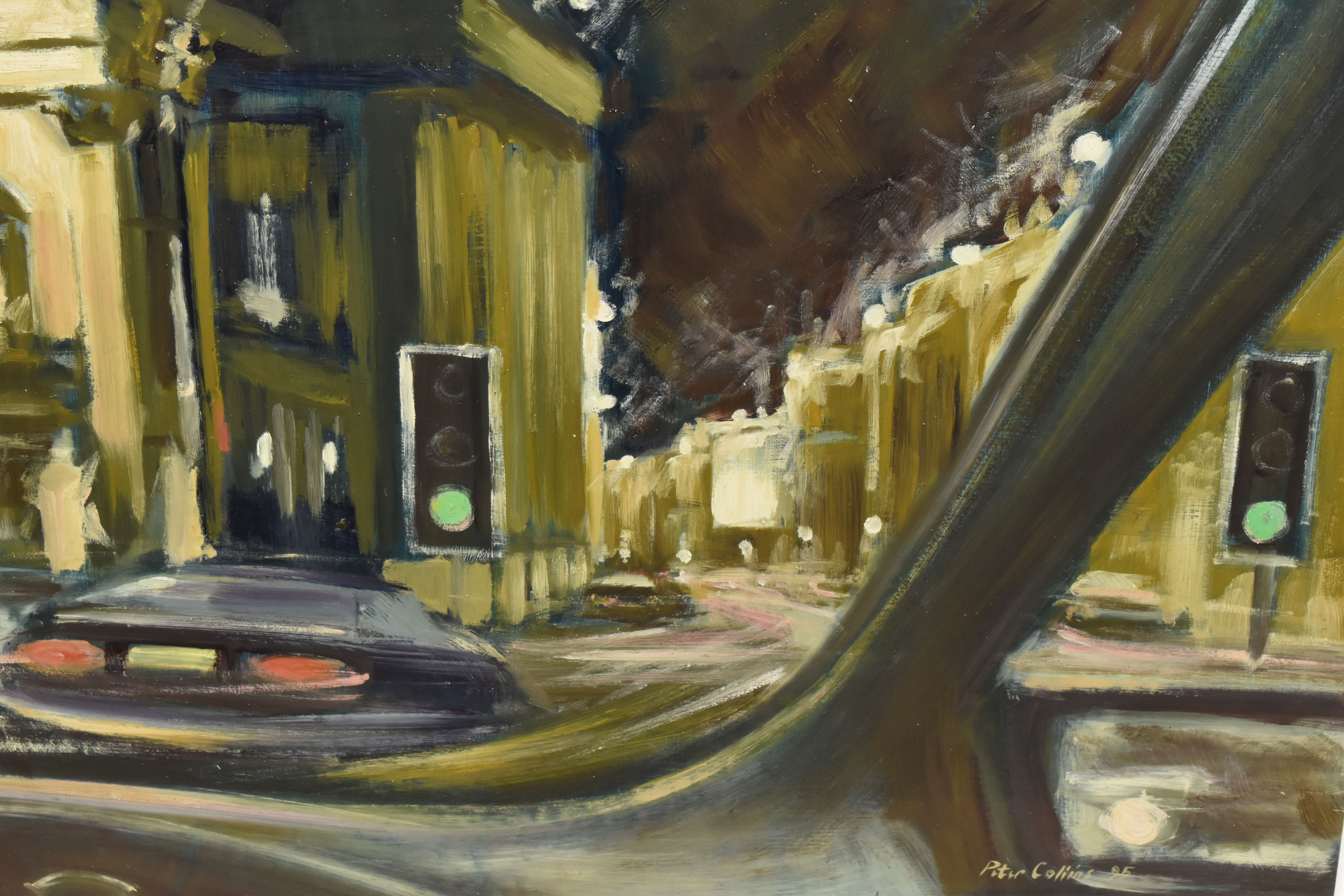 PETER COLLINS (BRITISH 1938-) 'VIEW OF THEATRE ROYAL AT NIGHT', a view from inside a car of the - Image 2 of 5