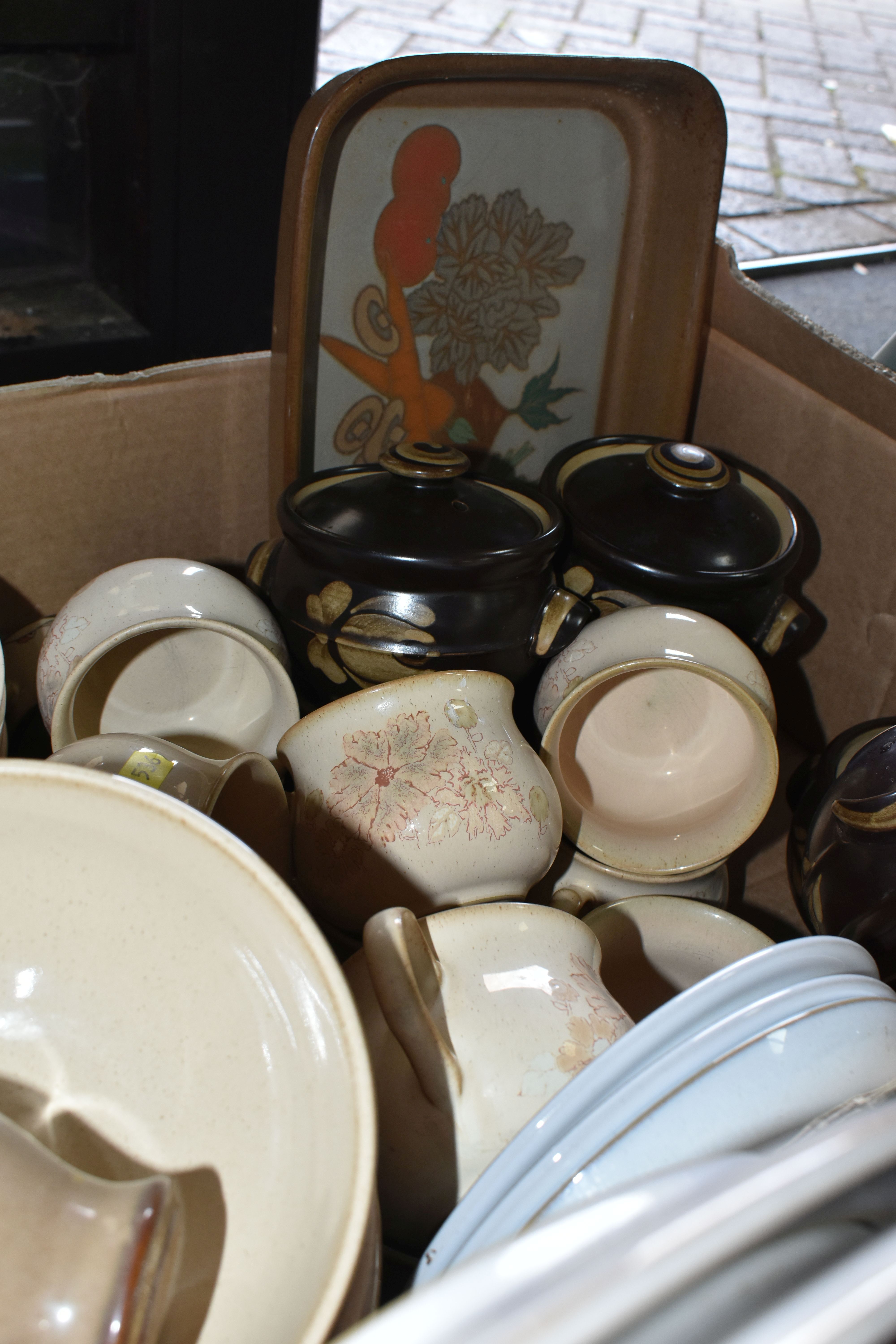 TWO BOXES OF ASSORTED DENBY DINNERWARE, comprising three large 'Luxor' design fruit bowls, 'Savoy' - Image 5 of 5