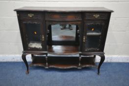 AN EDWARDIAN MAHOGANY SIDEBOARD, fitted with two drawers and two cupboard doors, flanking a