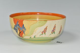 A CLARICE CLIFF 'WINDBELLS' DESIGN BOWL, with a vibrant orange, yellow, green and cream banding on