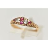 AN EARLY 20TH CENTURY, 18CT GOLD RUBY AND DIAMOND RING, set with two old cut diamonds and four small