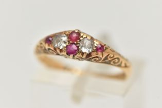 AN EARLY 20TH CENTURY, 18CT GOLD RUBY AND DIAMOND RING, set with two old cut diamonds and four small