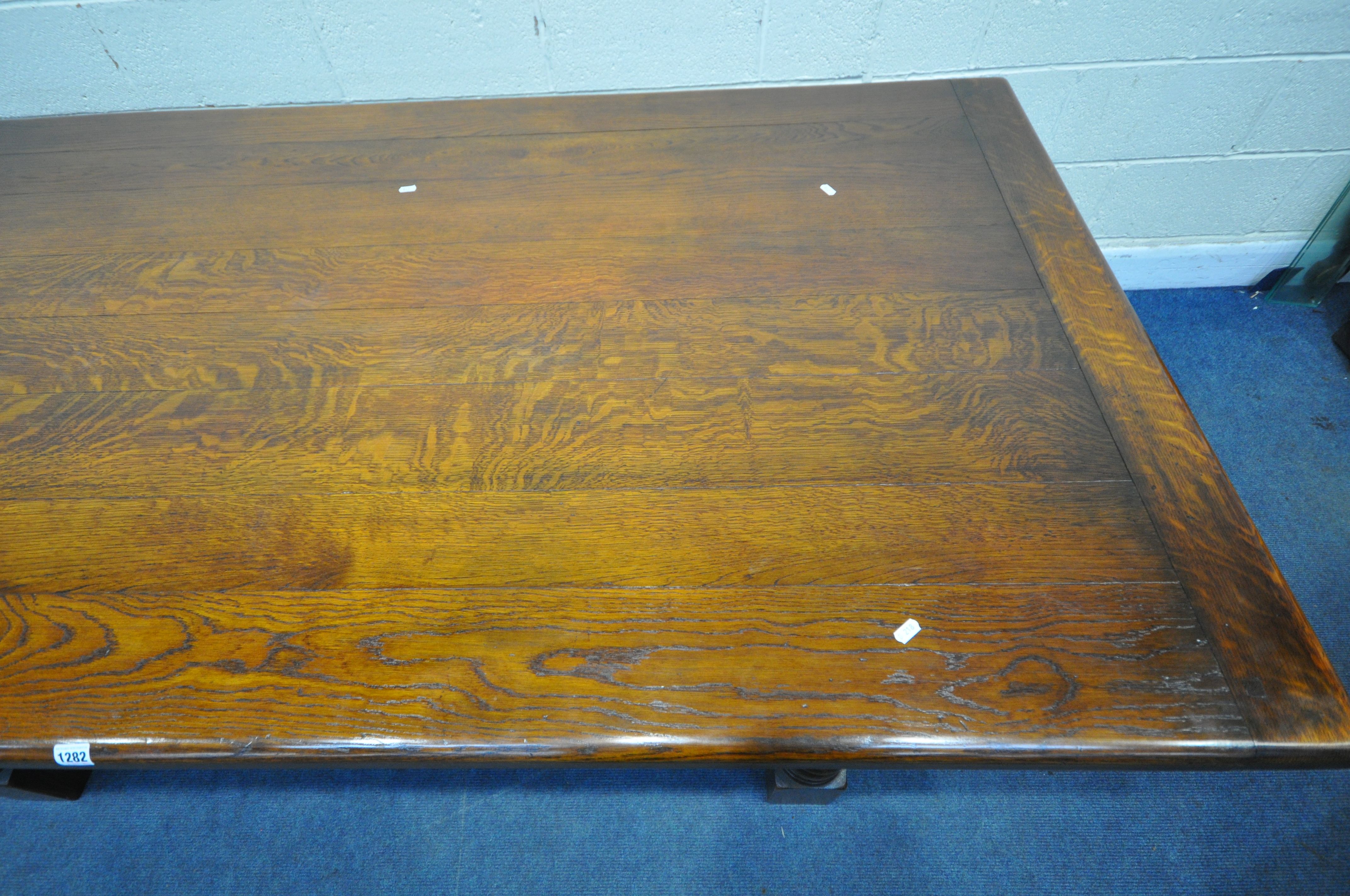 A GOOD QUALITY ROYAL OAK 7FT OAK REFECTORY TABLE, raised on block and turned legs, united by a H - Image 3 of 5