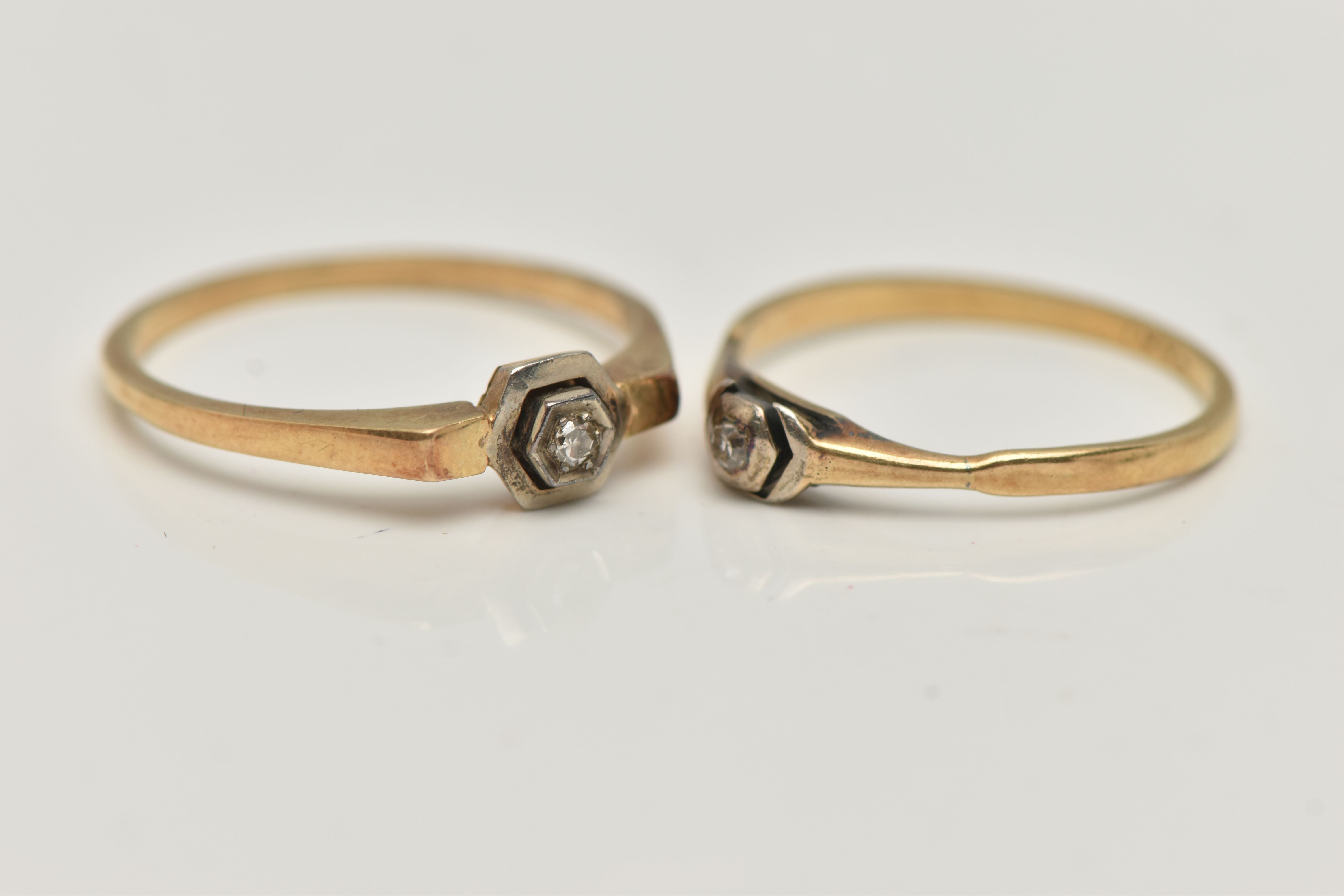 TWO DIAMOND RINGS, both set with single cut diamonds, with outer hexagonal settings, one stamped - Image 3 of 4