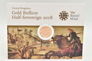 A CARDED GOLD BULLION HALF SOVEREIGN COIN 2008, in a sealed bubble, 22ct gold, 3.99 grams, 19.30mm
