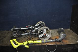 A MOTOCADDY ELECTRIC GOLF TROLLEY (no battery or charger UNTESTED) and a Ryobi strimmer (PAT pass