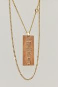 A 9CT GOLD INGOT PENDANT AND CHAIN, the rectangular pendant with large hallmark for Birmingham 1977,