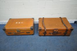 A LARGE TANNED LEATHER TRAVELING TRUNK, with twin handles and securing straps, width 93cm x depth