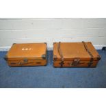A LARGE TANNED LEATHER TRAVELING TRUNK, with twin handles and securing straps, width 93cm x depth