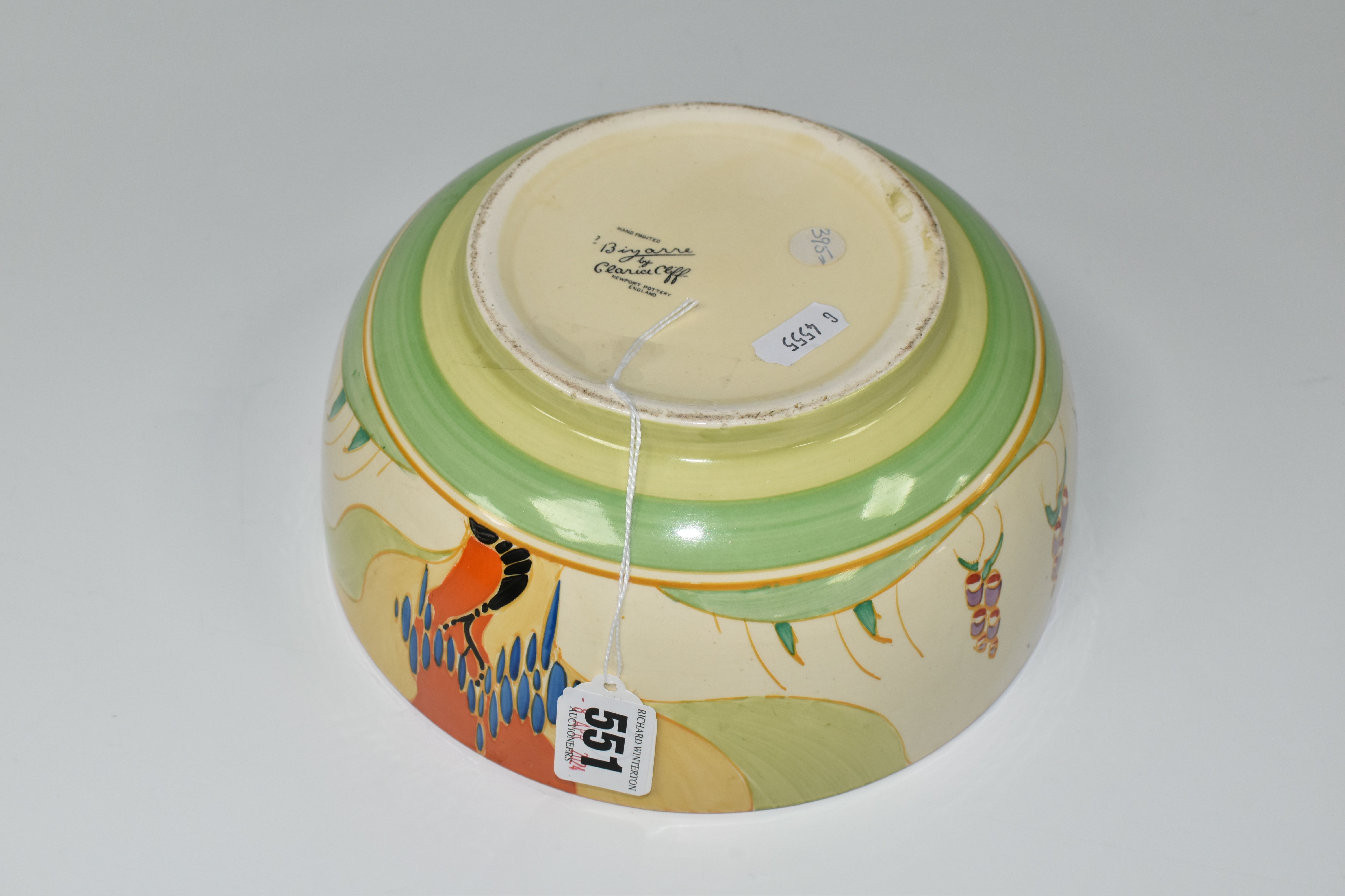 A CLARICE CLIFF 'WINDBELLS' DESIGN BOWL, with a vibrant orange, yellow, green and cream banding on - Image 6 of 7